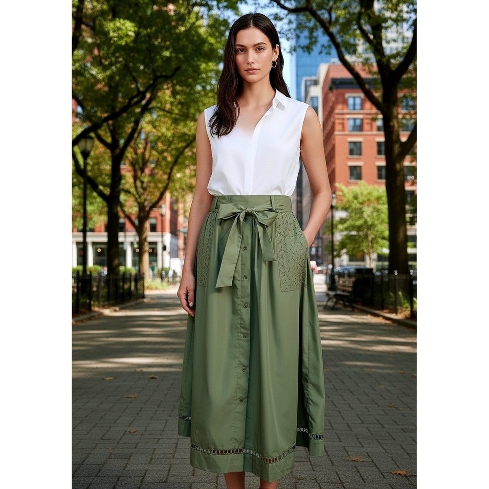 Olive Green Cotton Eyelet Maxi Skirt‎ - Sheen Buttons Bow Tie Stretch Waist - M